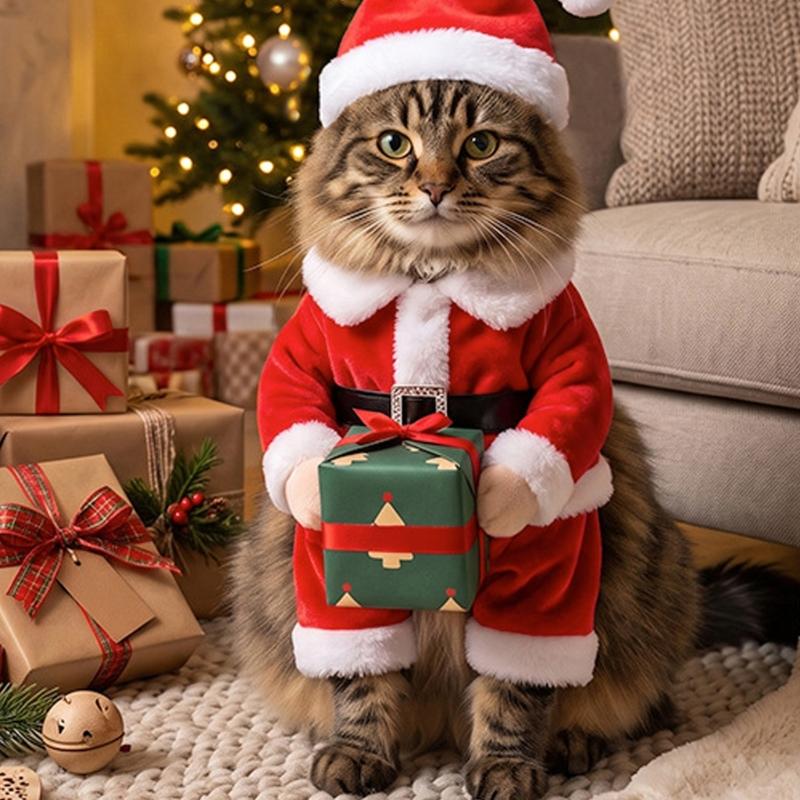 Julekostume til kæledyr med Julemandshat og Kropsdragt, Karakterpræsentation med Gavebæring til Sæsonens Foto