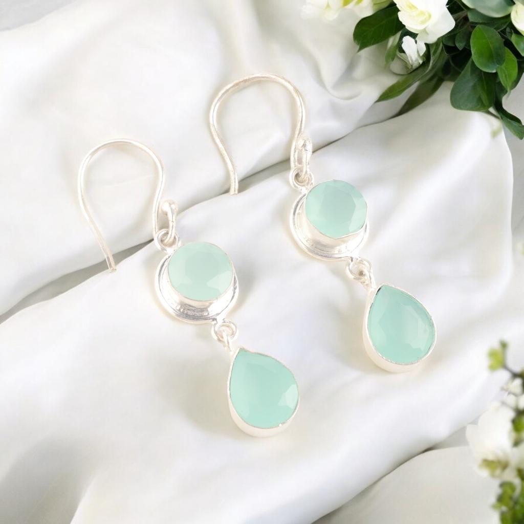 Aqua Chalcedony Gemstone 925 Sterling Silver Handmade Women Dangle Earring 1.8" EE-142-17