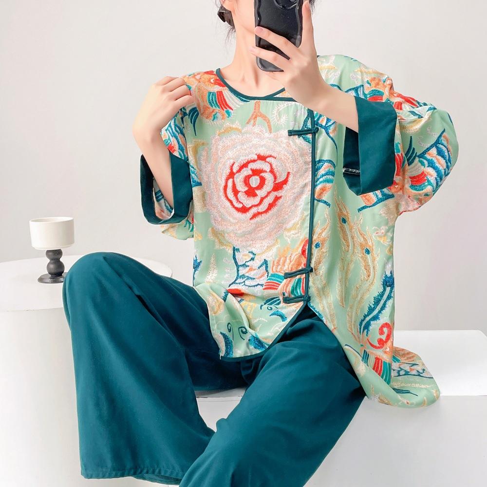 Spring/Summer new cotton silk new Chinese floral print pajamas, women's frog button loungewear, cotton silk set, vintage national style