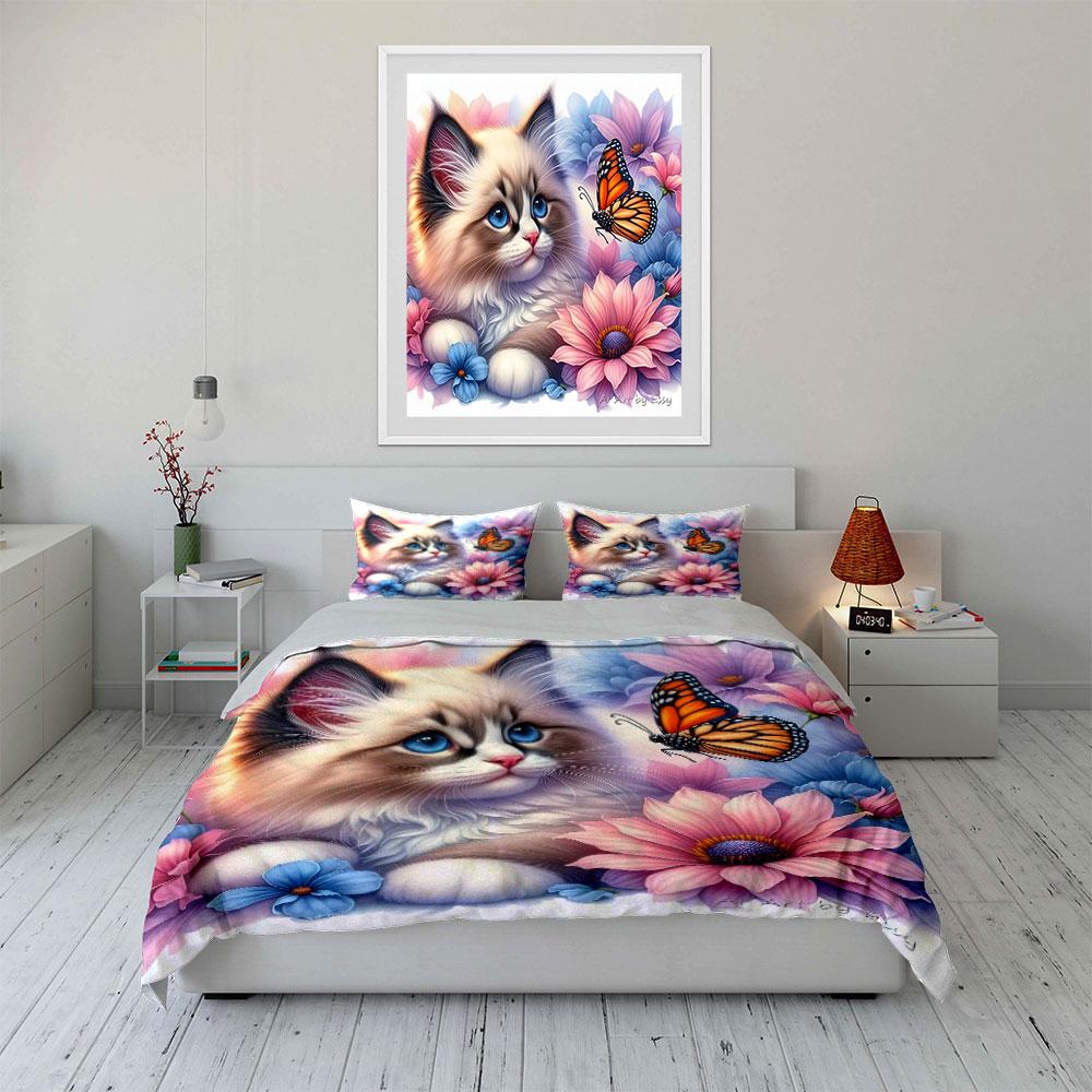 Cat And Butterfly In Colorful Flowers Duvet Cover Set With 3D Printing Design Soft Polyester Bedding Set All-Season Comfort