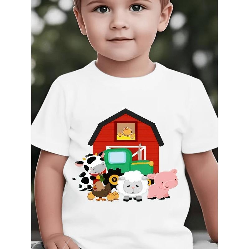 Boys Farm Animals & Tractor Print Crewneck All Season Casual Short Sleeve T-Shirt
