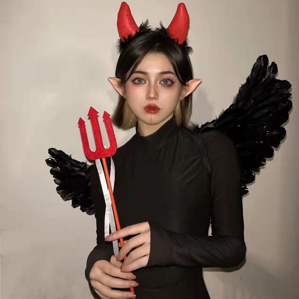 1 Set Cosplay Wings Set Feathered Angel Black Witch Wings Set With Headband Wand Halloween Role-playing Kids Angel Wings Outfit