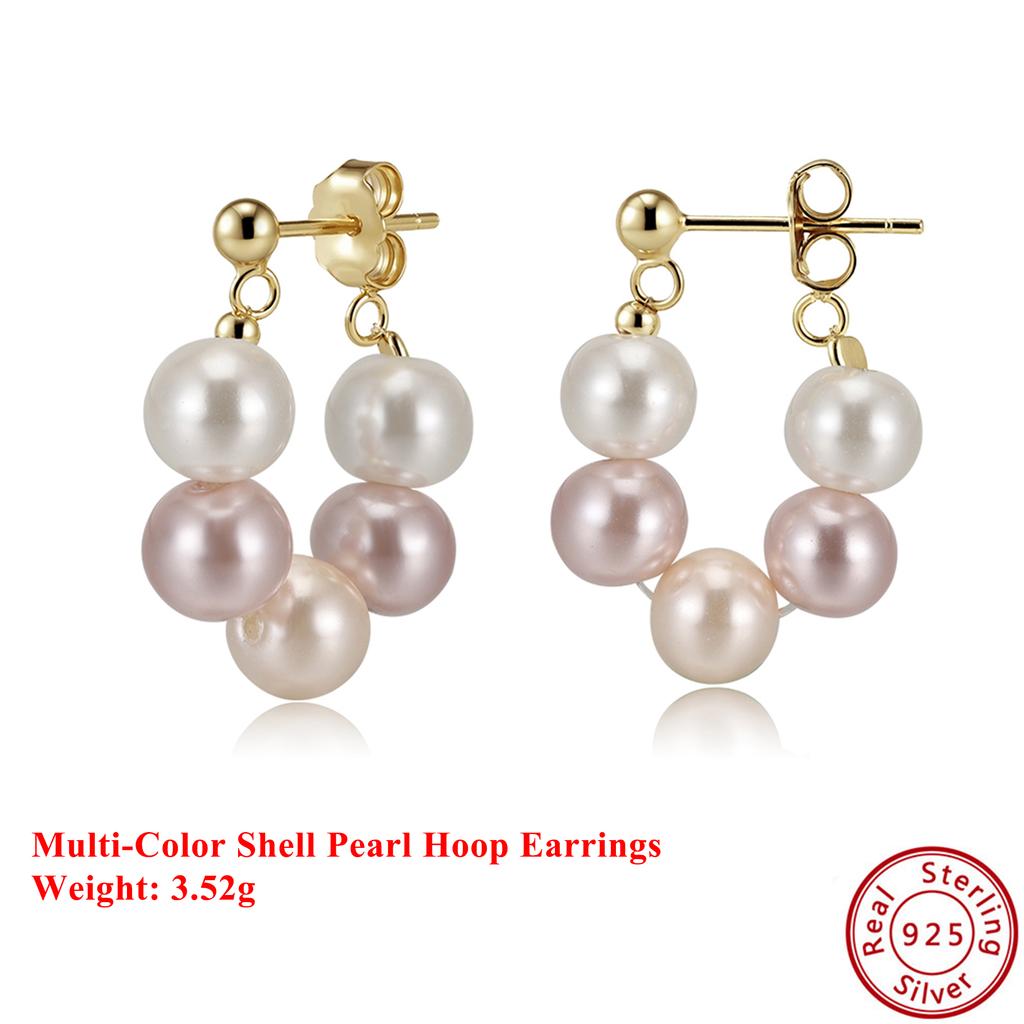 EFFIE QUEEN 100% S925 Silver 14k Gold Round Shaped Shell Pearl Pink, Purple and Multi-Color Simple Jewelry for Women Gift PSB09