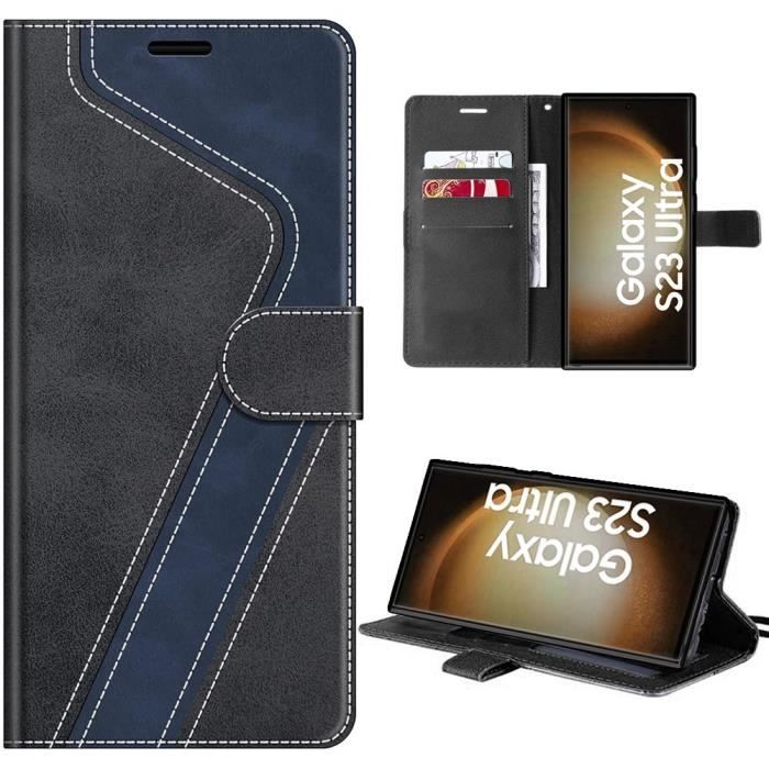 Coque pour Samsung Galaxy S23 Ultra, Noir, Antichoc à Motif Stylisé en Cuir PU avec Porte-Cartes et Béquille (pas pour S23)