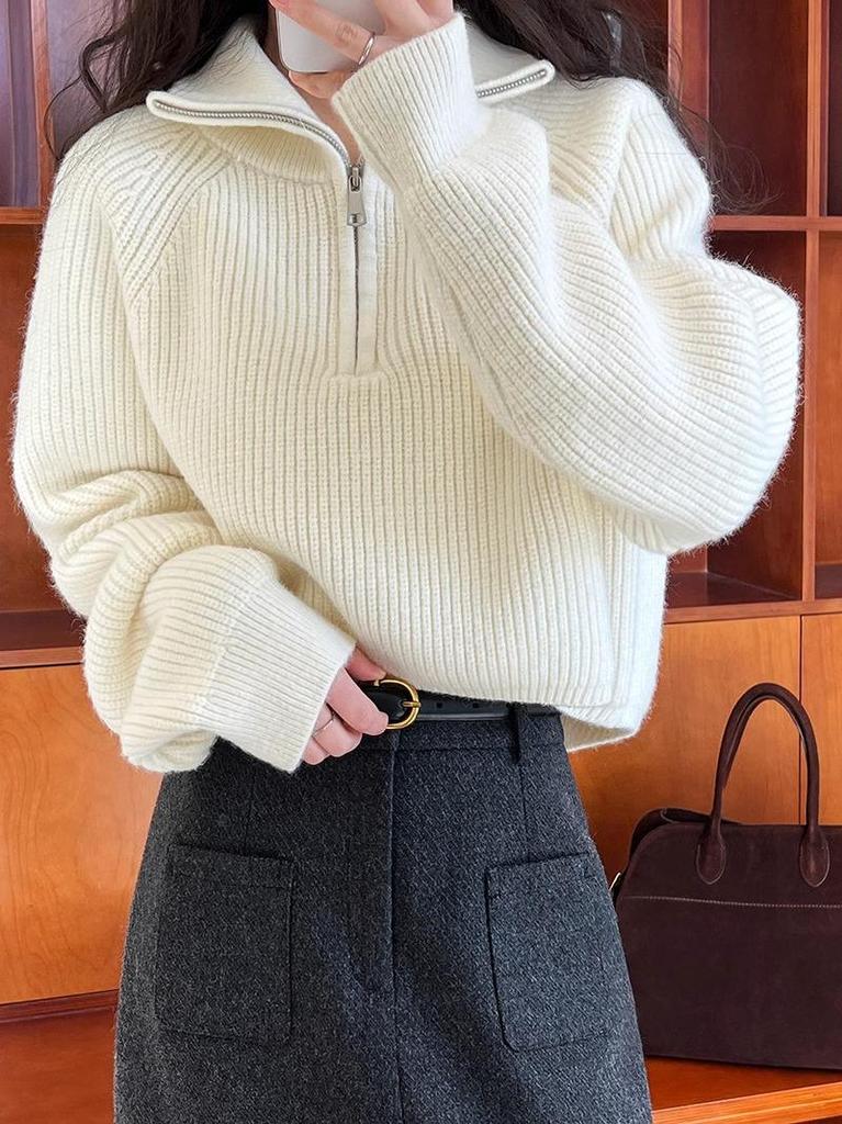 Women's Red High-Collar Zipper Knit Sweater - Short, Thick, Loose Fit for Autumn/Winter