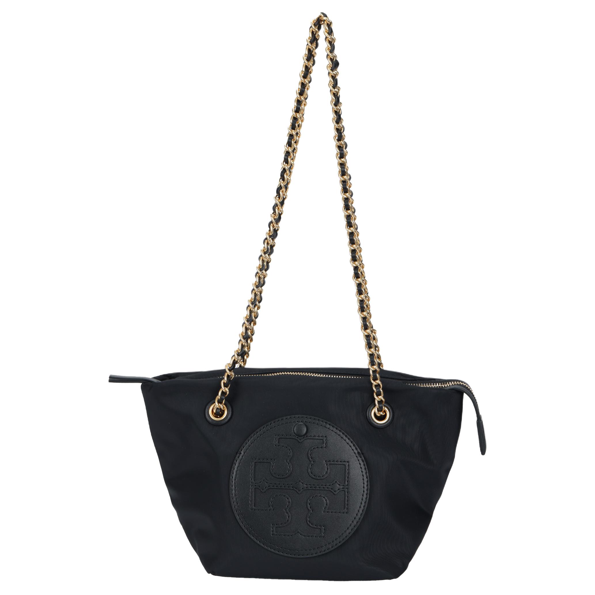 

Tory Burch Ella Logo Woven Chain Strap Tote Bag Shopping Handbag Recycled Nylon Shoulder Bag Small Women Tote Black 160183-001 Basic Set (Bag+Dust Bag)