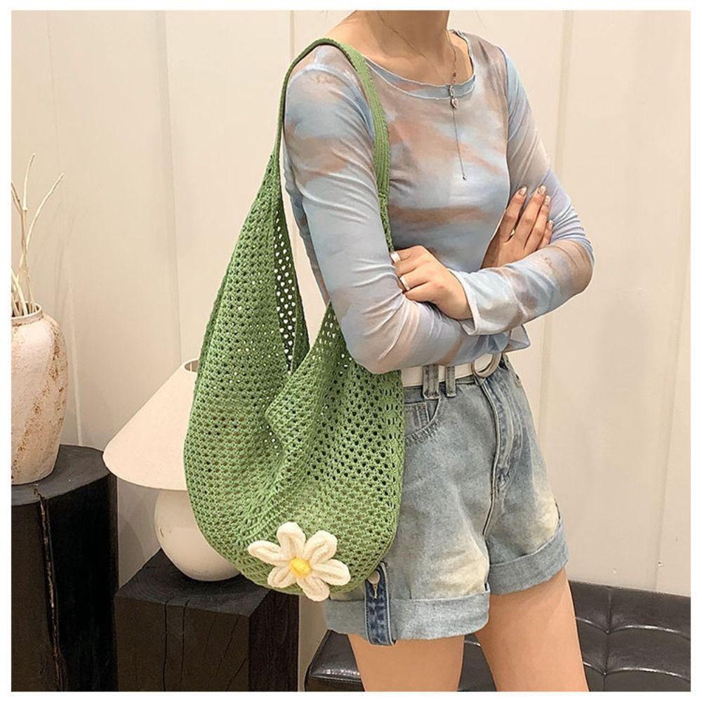 Casual Handmade Crochet Underarm Bag Hollow Out Large Capacity Mesh Tote Knitting Weaving Beach Bag for Shopping
