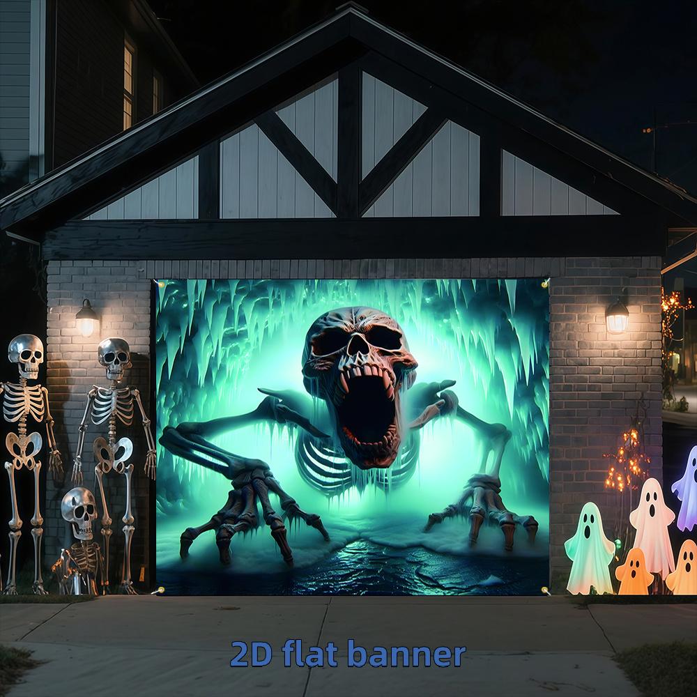 2D flat, 2D door banner, 2D flat banner, 1pc Happy Halloween garage door banner with skull opening and stretched hand skull
