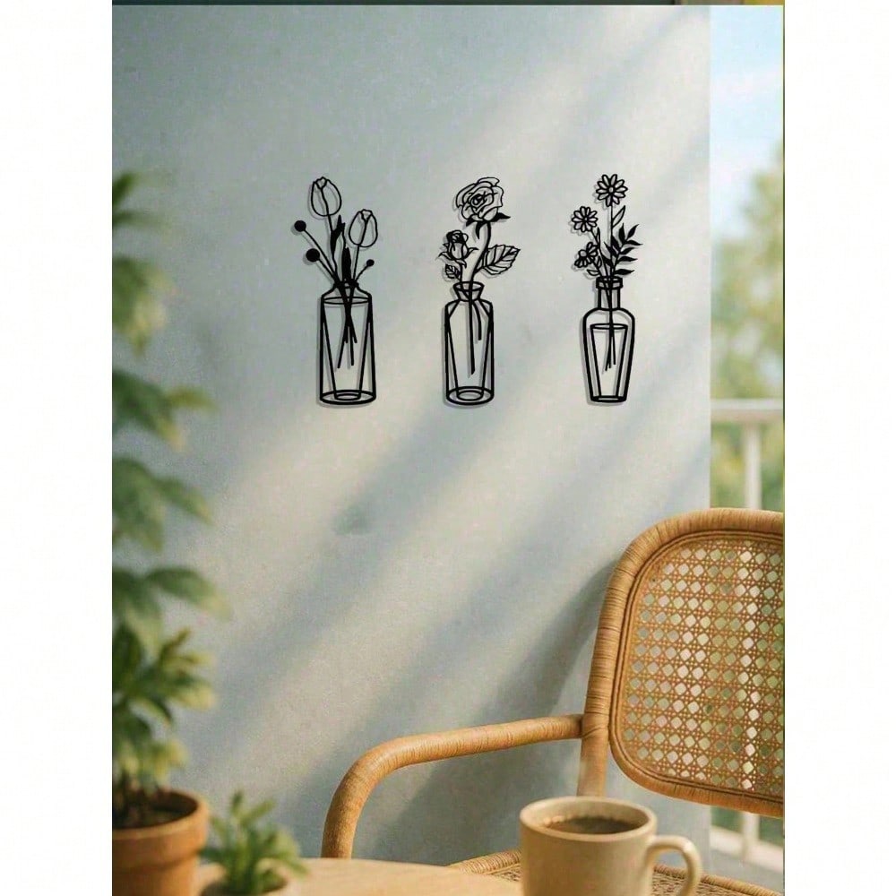 3-Piece Metal Flower Wall Art with Detachable Vase, Rustic Boho Farmhouse Decor