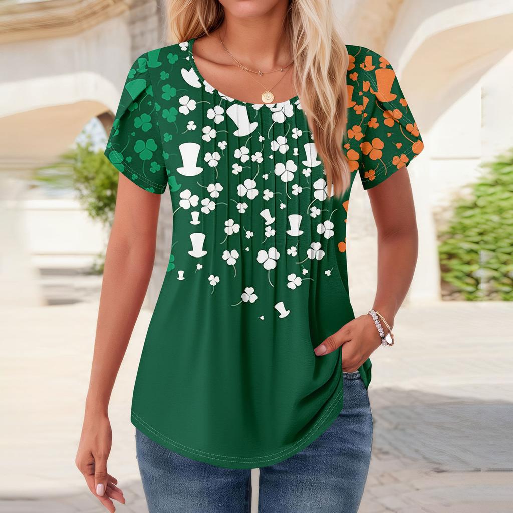 Womens Tops Petal Short Sleeve Summer Round Neck Shirts St. Patrick's Day Printing Blouses For Women Dressy Casual