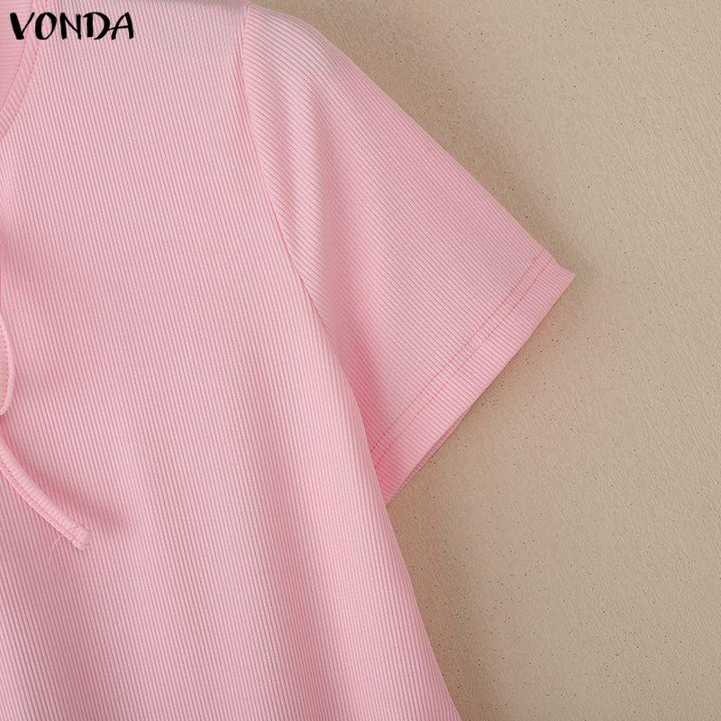 VONDA Women Stand Neck Short Sleeve Bow Knot Rib Casual Cropped Blouse Tops