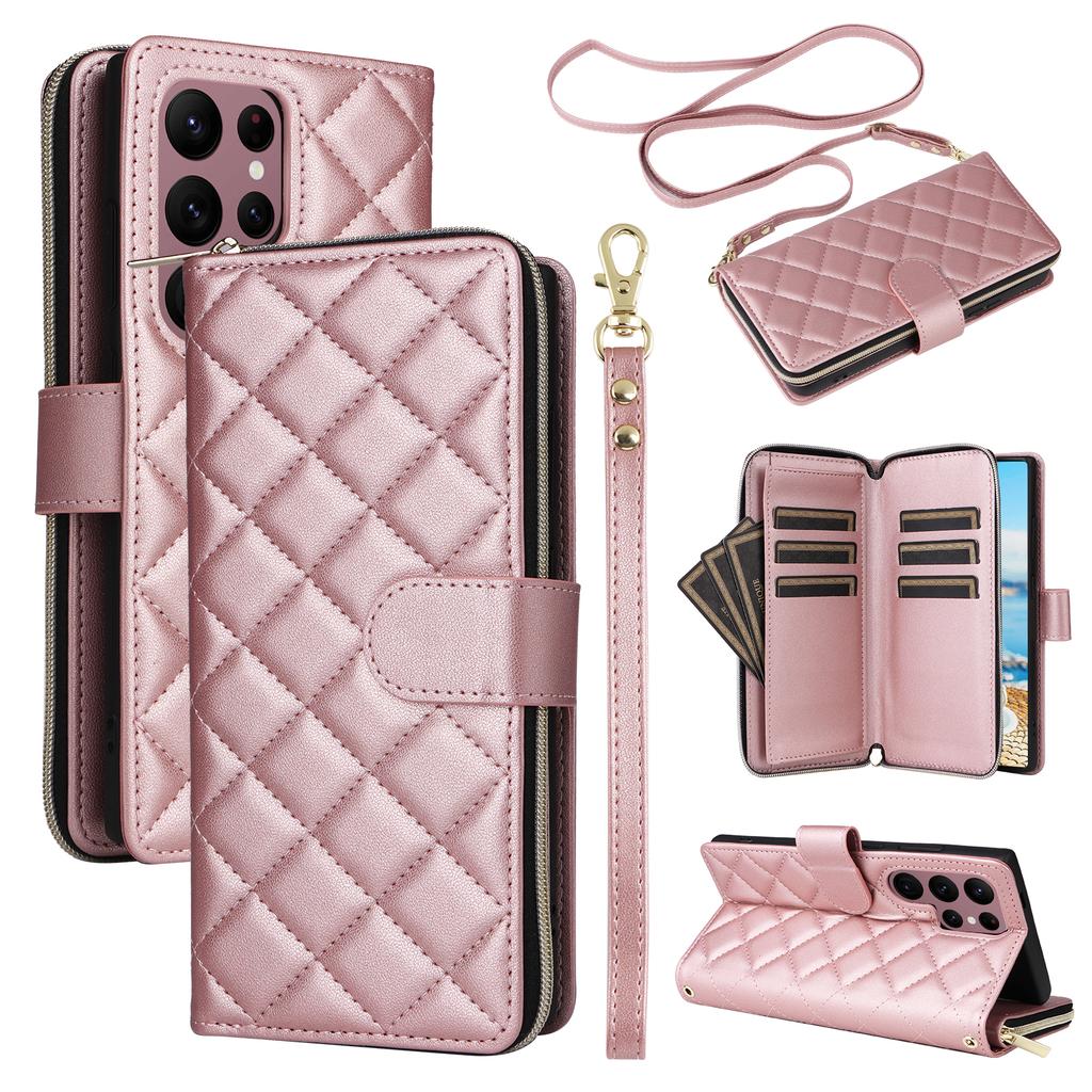 For Samsung Galaxy S22 Ultra 5G Case Rhombus Grid Leather Phone Cover with Zipper Pocket