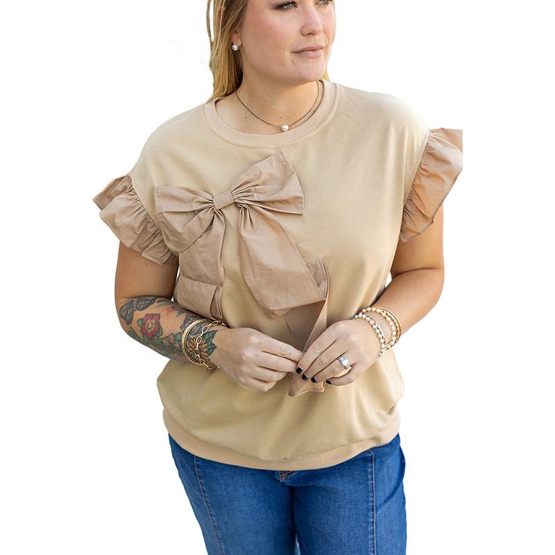 

Women s 2025 Summer Butterfly Knot Ruffle Patchwork Round Neck Pullover Plus Size T-shirt 2XL