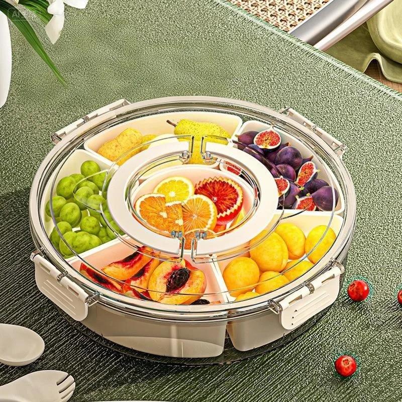 Six-Grid Food Storage Dried Fruit Snack Plate ,Rotatable Storage Container, Snack And Vegetable Tray With Lid And Hand