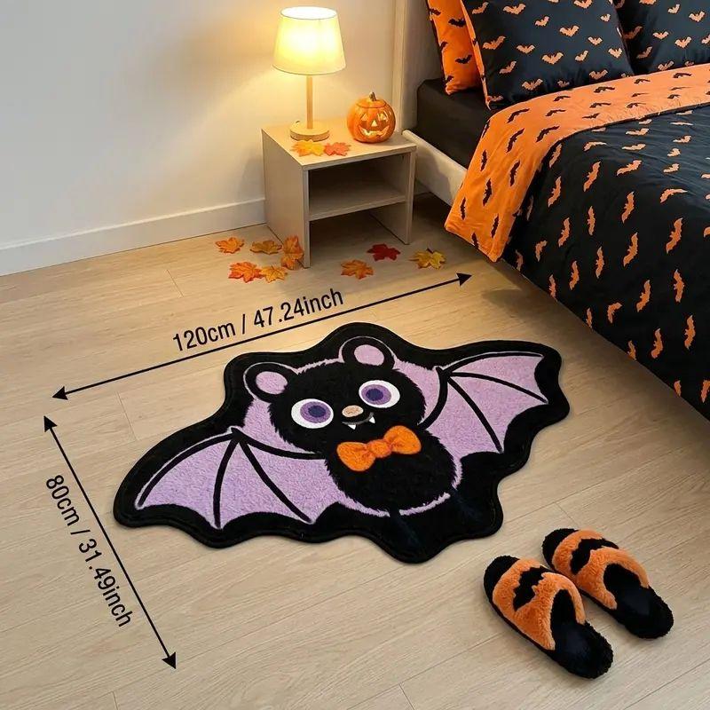 Cute Bat Shape Rug Soft Flannel Irregular Floor Mat Anti‑slip Halloween Carpet For Bedroom Entrance Holiday Home Decor