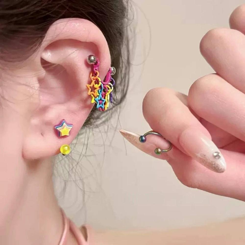New 1pcs Colorful Geometric Hollow Star Tassel Earrings Trendy Sweet Personalized Hip Hop Earbone Nail Accessories Wholesale