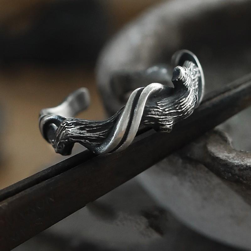 Adjustable Open Ring Men Women Sterling Geometric Vintage Wooden Texture Band Minimalist Couple Jewelry