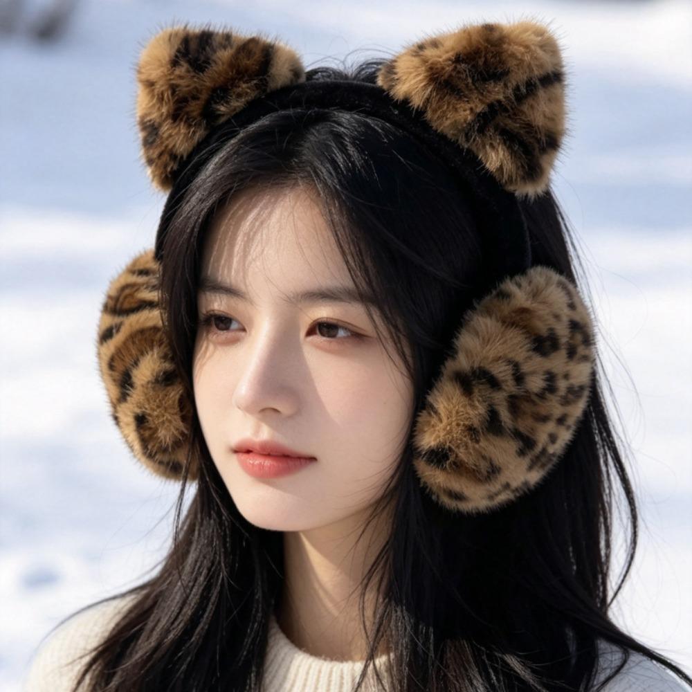 Ear Cap Winter Cat Ears Earmuffs Y2k Faux Fur Ear Muffs Comfortable Leopard Print Ear Mask Riding