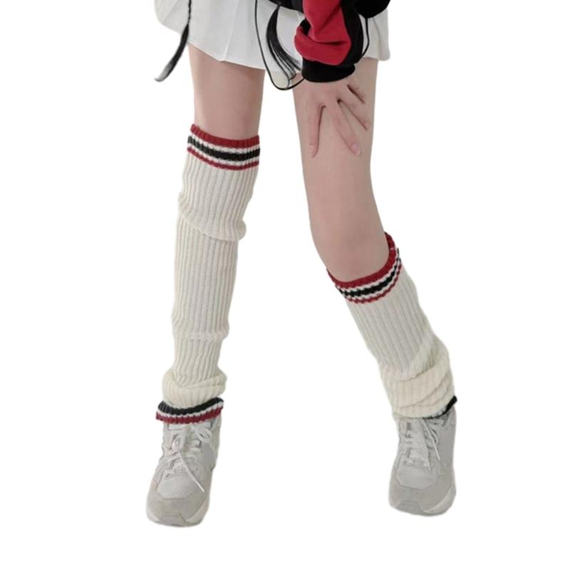 Student Vintage Double Striped Ribbed Knit Leg Warmers Slouch Leg Covers Boot Cuffs Stretchy Long Boot Socks for Women