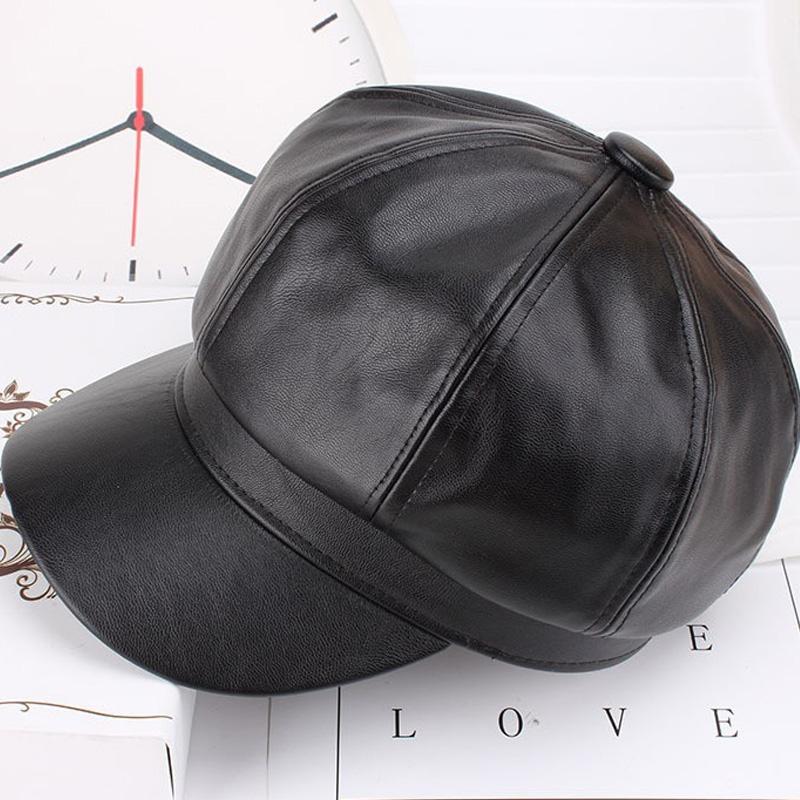 1PC PU Leather Winter Fall Peaked Caps Adjustable Painter Hat New Berets Women Hat Solid Color Beret Octagon Slimming Face