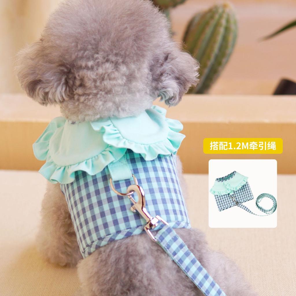 Dog Plaid Chest Strap Lapel Lace Vest Pet Traction Rope Dog Cat Chest Strap Small Dog Vest-style Pomeranian Teddy Dog Rope