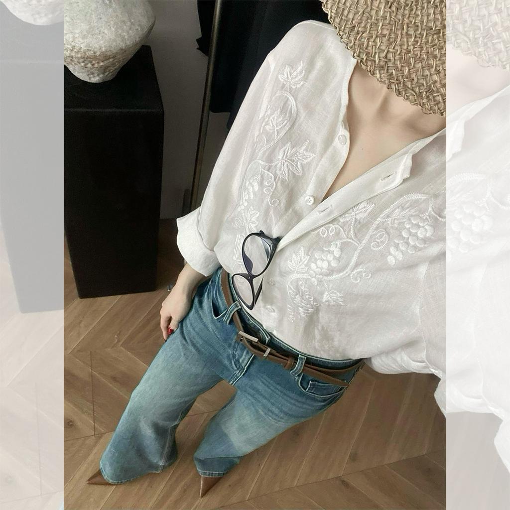 French Heavy Industry White Embroidered Medium Sleeve Shirt Jacket Unique and Beautiful Shirt Top for Women's Early Spring Important Occasions
