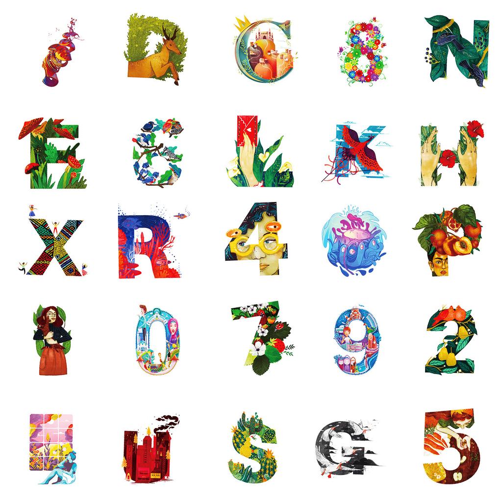 50 Creative Hand-Drawn Alphabet Graffiti Stickers Kids Reward Cartoon Stickers Decorative Stationery Box Diary Rice