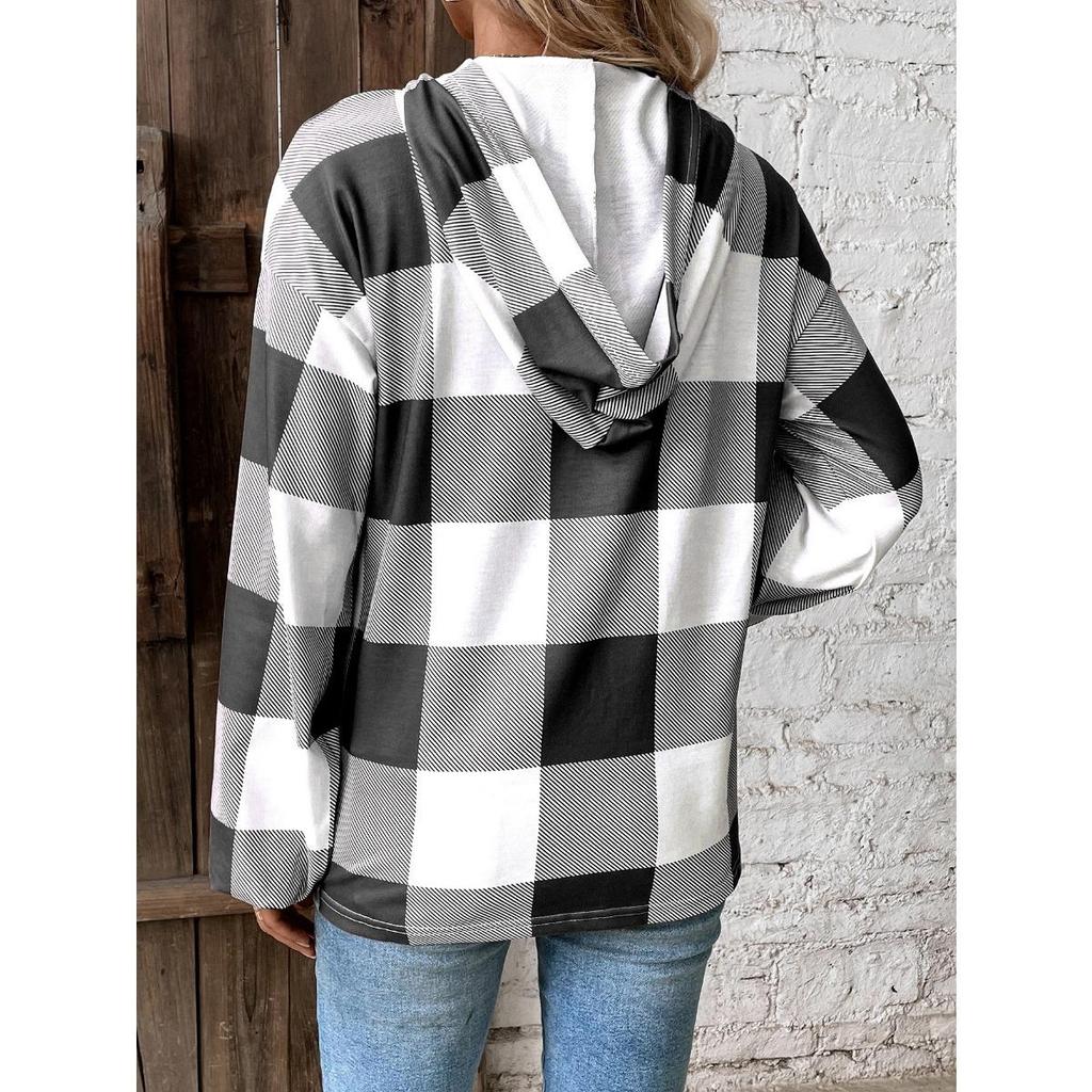 Plaid Print Women's Oversized Casual Long Sleeve Hoodie Autumn Winter Sweatshirt Button New
