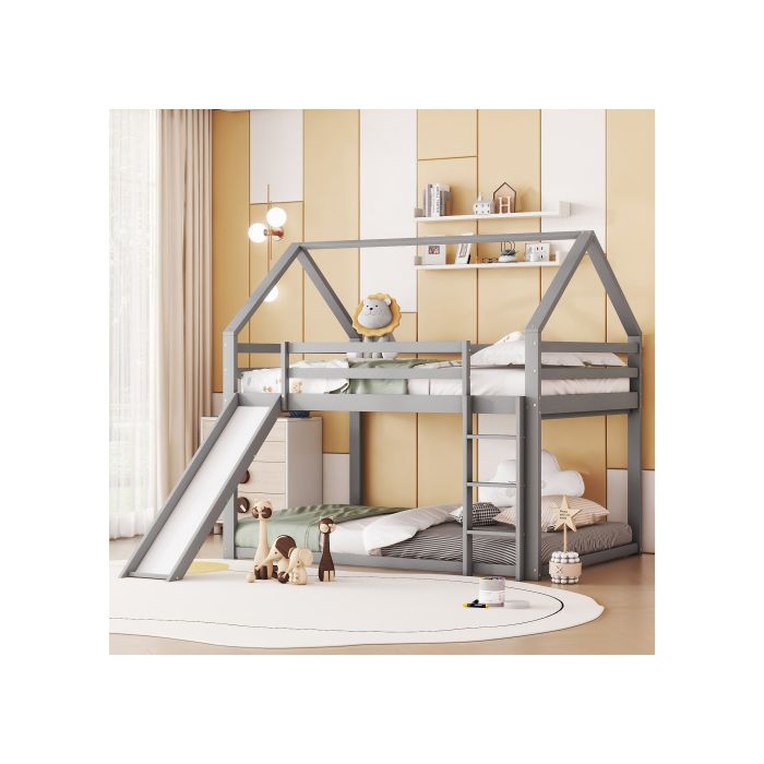 Pat supraetajat - MUVOE - 140x200 cm - Gri - Tobogan - Scară interschimbabilă