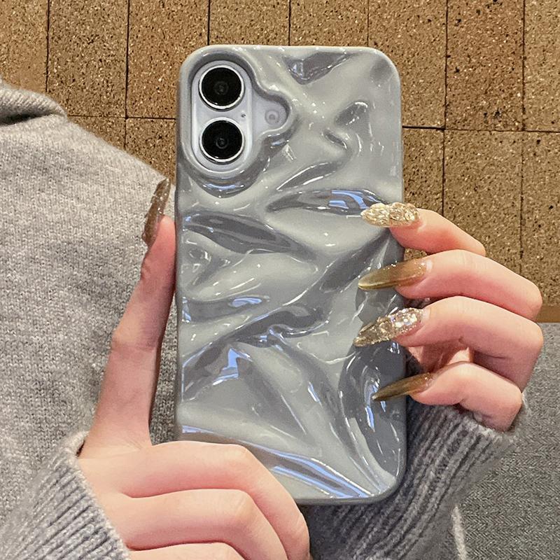 Simple Fashion Glossy Grey 3D Folds Texture Case For iPhone 16 Pro Max 15 13 12 11 14 Plus Shockproof TPU Phone Cover