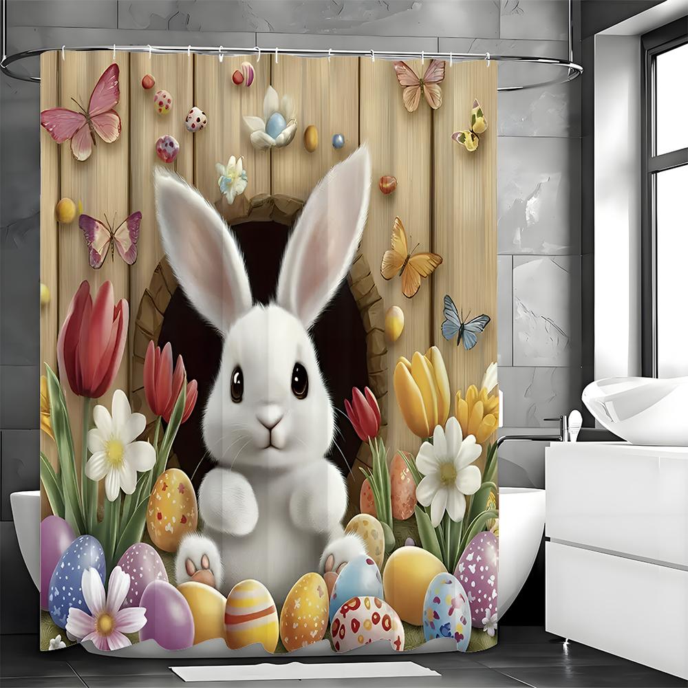 Easter Cute Bunny Shower Curtain, Tree Hole Floral Egg Butterfly Bathroom Decorative Shower Curtain, Waterproof Shower Curtain w