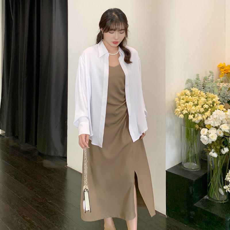 2024 Plus Size Women's Pleated Slit Midi Slip Dress