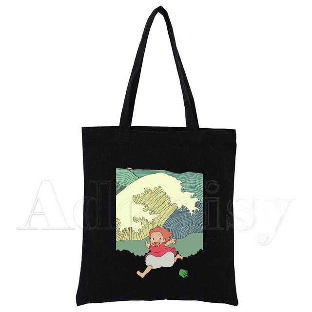 Ponyo Canvas Negru Geantă pentru cumpărături Geantă reutilizabilă din pânză de umăr Geantă de carte Cadou