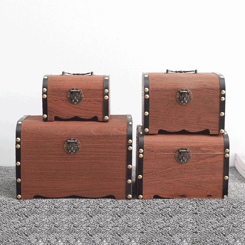 1 Set Vintage Treasure Storage Box Wooden Treasure Chest With Lock Piggy Bank Organizer Saving Box Case For Home Decoration