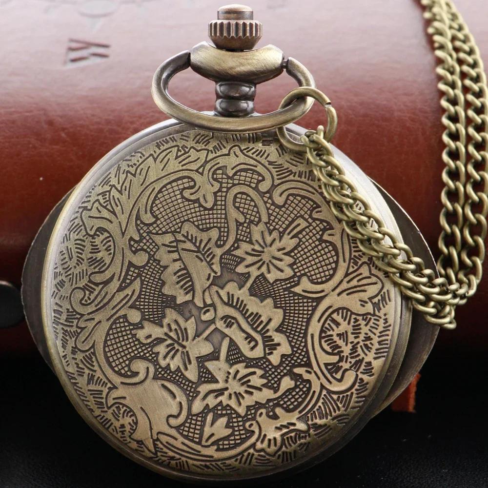 Bronze Quartz Pocket Watch Time Gem Retro Fob Watch Classic Digital Pocket Pendant Necklace Chain Timepiece Gift for Women Men