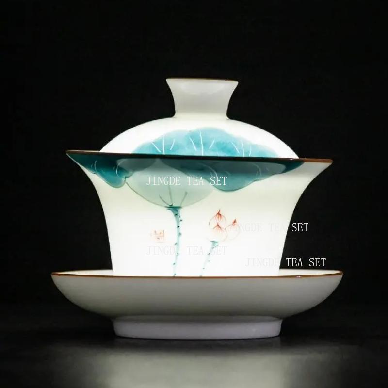 150ml Ceramic Hand-painted Tea Cup Non Hot White Porcelain Sancai Tea Bowl Underglaze Color Covered Bowl Drinking Utensils