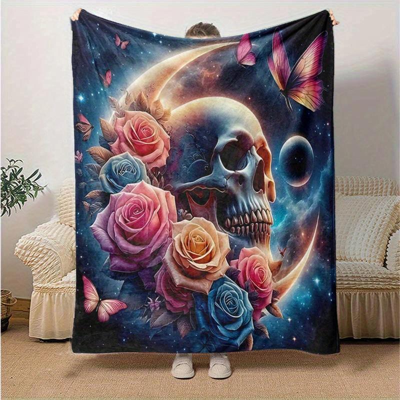 1pc Skull Surrounded by Roses Butterflies and Celestial Moons Super Soft Flannel Blanket Great for Bed, Sofa, Chair, Camping