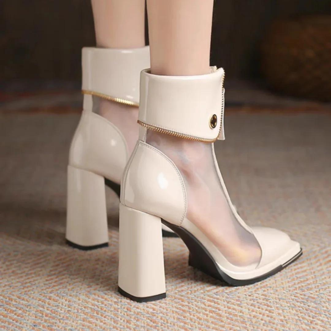 

Модные туфли на высоком каблуке, весенние сетчатые однотонные классные сапоги, верхняя одежда, квадратный носок, сексуальные туфли-лодочки, женские короткие сапоги 34