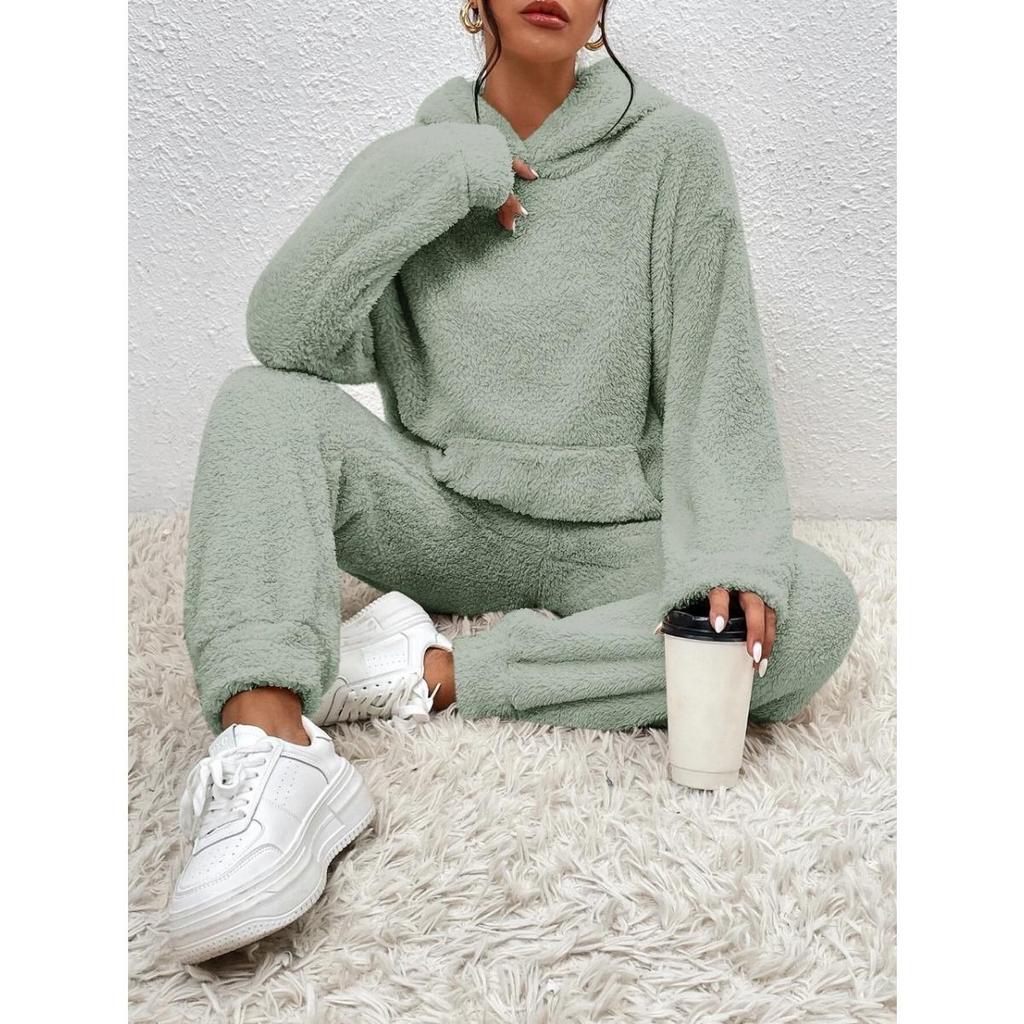 Abbigliamento da donna autunnale e invernale a tinta unita, set due pezzi casual da casa con felpa con cappuccio a maniche lunghe, tasca applicata e pantaloni