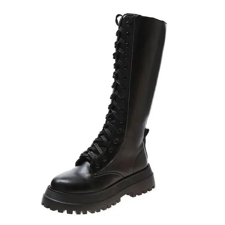 Women Motorcycle Boots Wedges Flat Shoes Woman High Heel Platform PU Leather Boots Lace Up Women Shoes Black Boots Girls2025