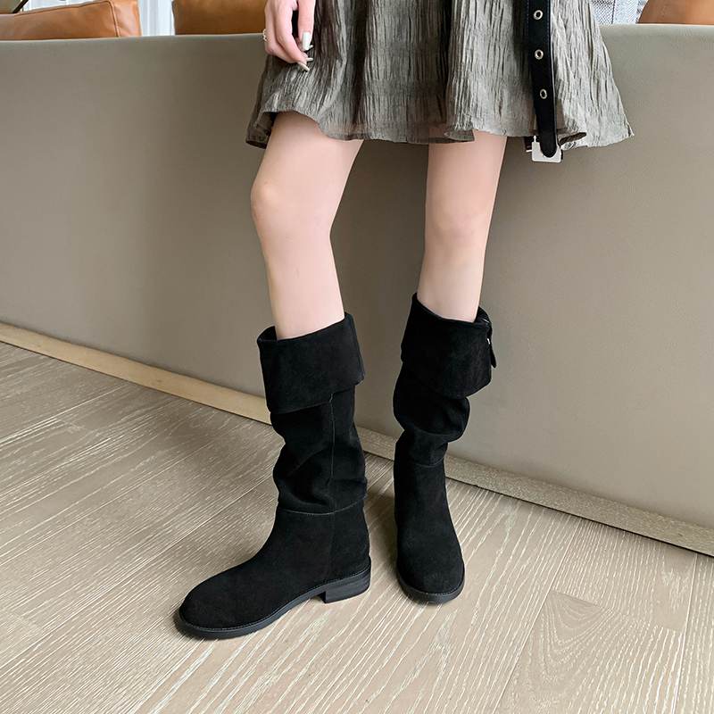 Krazing Pot 2024 krowa zamszowe jesienne buty zimowe okrągłe Toe rozmiar 40 niskie obcasy Slip on buty zachodnie nity damskie buty zakolanówki