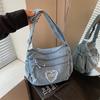 Denim Crossbody Bag with Heart Patch and Multiple Zip Pockets Practical Everyday Shoulder Bag