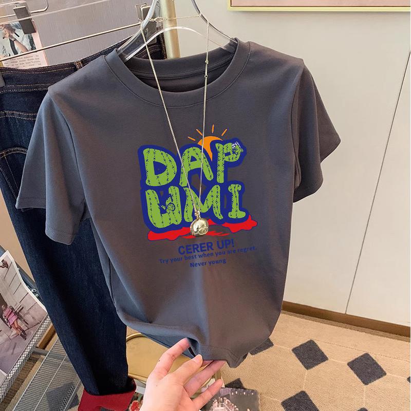 2025 Summer Cotton Crew Neck Shoulder Short Sleeve T-Shirt Women's Apricot Loose ins Tide Half Sleeve Top Versatile T-Shirt