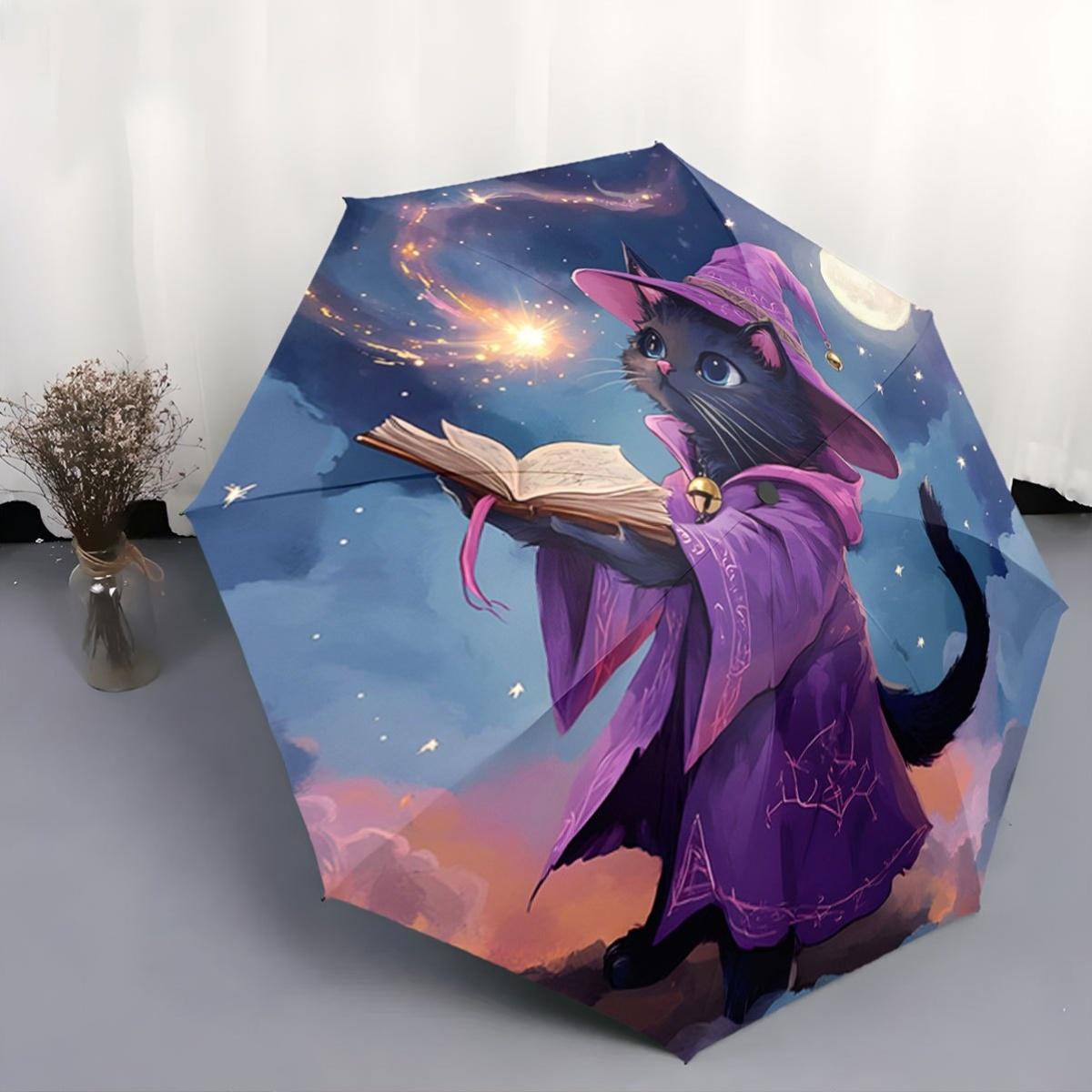 

Automatic Open/Close Umbrella with One-Touch Button - Magical Witch Cat Design, Compact Folding Umbrella with 8-Rib Strong Fra Iron&8K