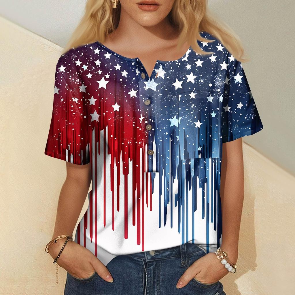 Women's Fashion Casual Short Sleeve Print Round Neck Pullover Top Blouse