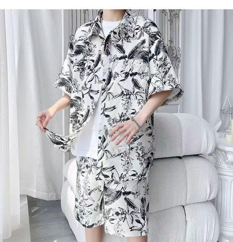 ZY30 Men's Summer Tie-dye Ice Silk Floral Two-piece Casual Set with Short-sleeved Shirt and Shorts