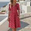 Abito midi da donna con stampa floreale, scollo a V e maniche corte