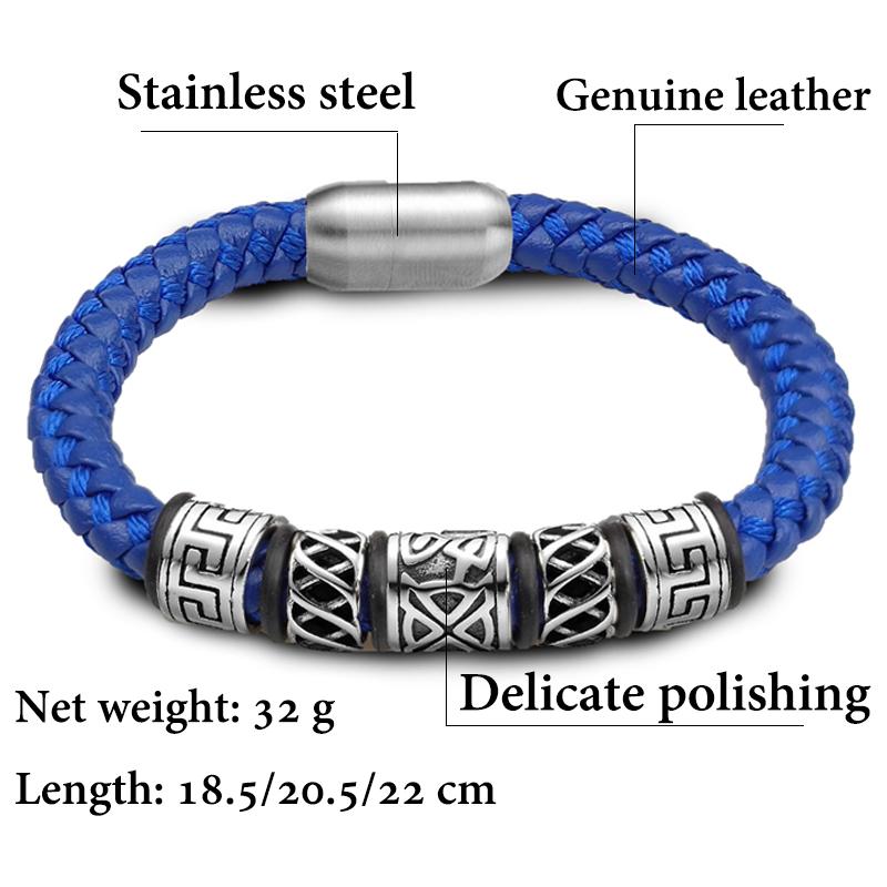 

Fashionista Men Red Coffee Black Blue Leather Bracelet 316L Stainless Steel Viking Bead Bracelet Strong Magnet Clasp in 4 Colour 23.5cm
