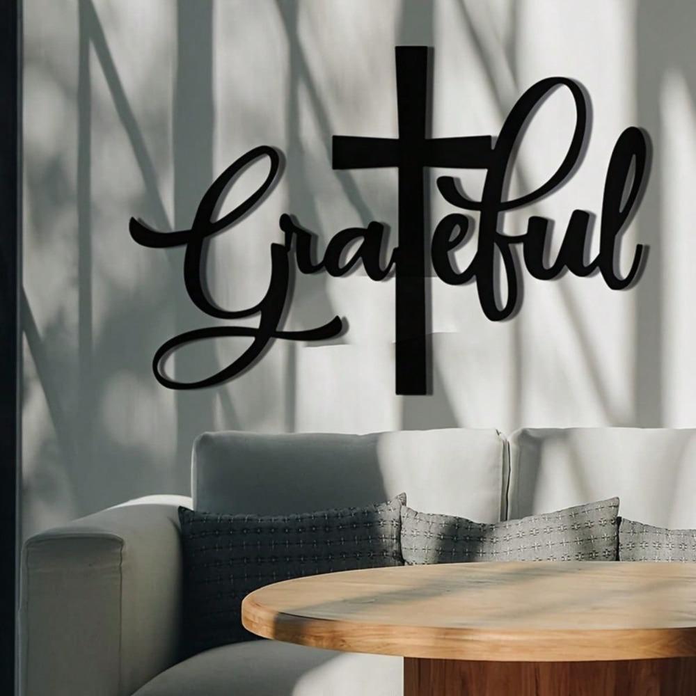Grateful Cross Metal Wall Art Christian Home Decor Inspirational Message Religious Sculpture