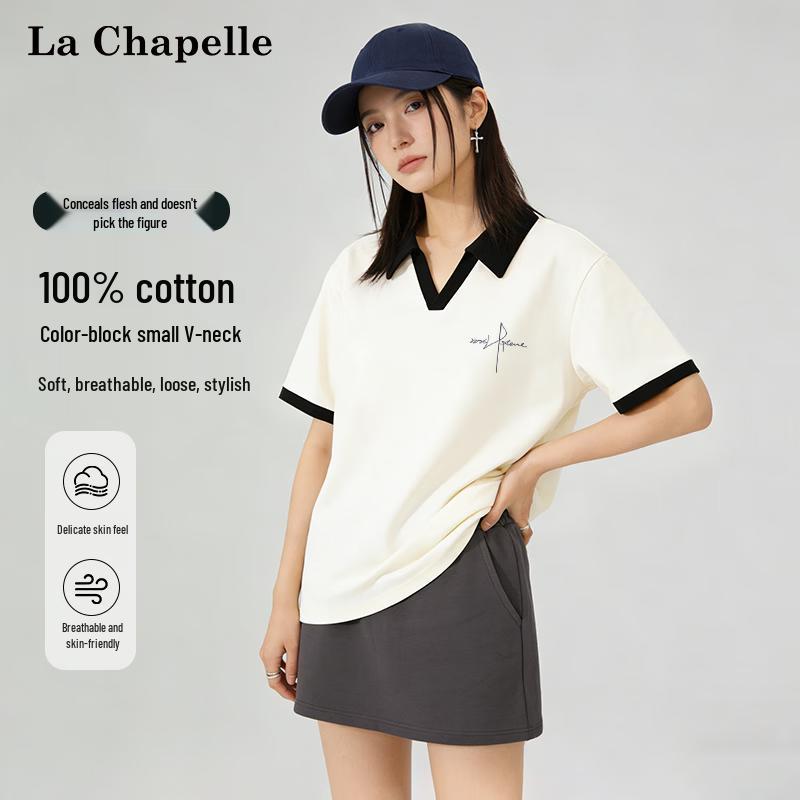 La Chapelle Women's Polo Collar Cursive Letter Print T-Shirt